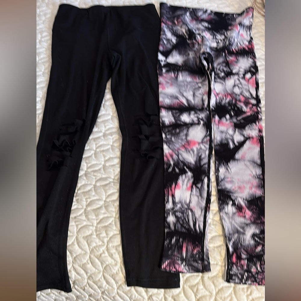 Mono B Black and Pink Tie-Dye Leggings 2 pair one with Torn leg and 2nd Textured